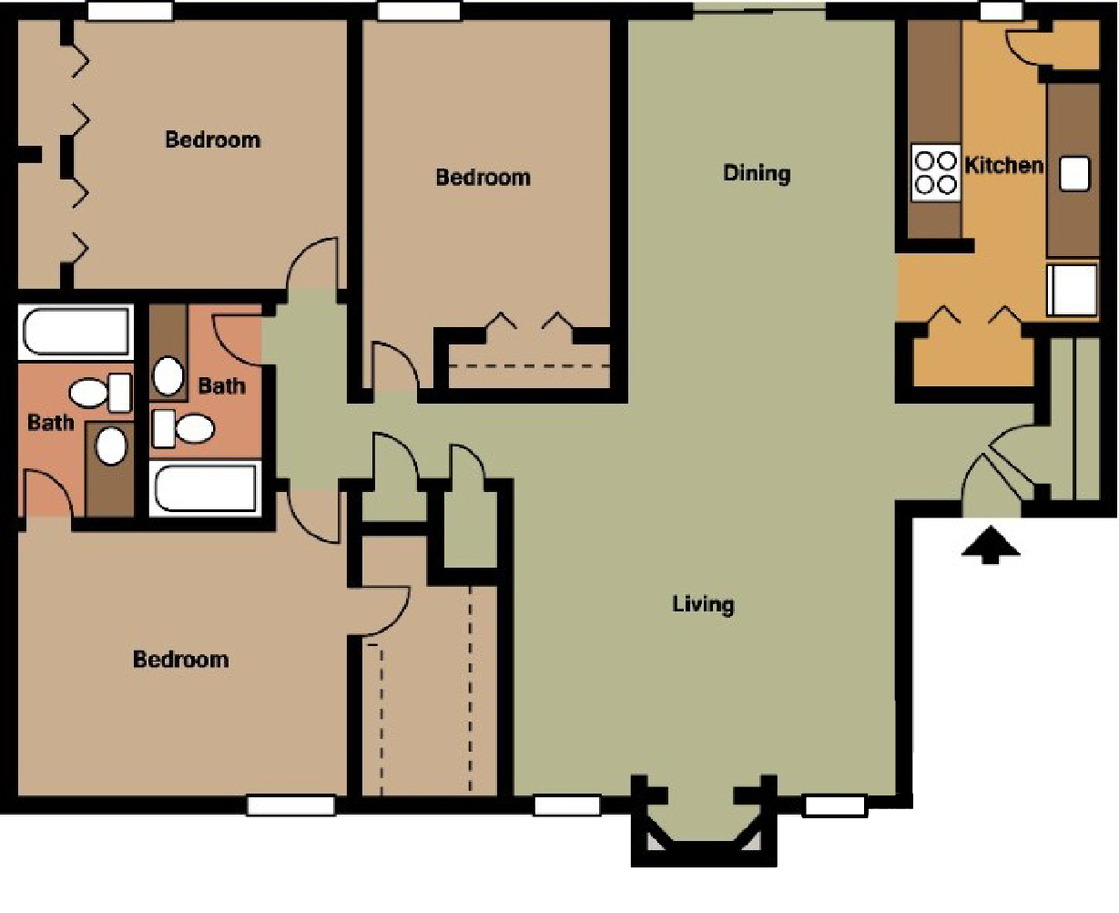 3 bedroom 2 bathroom floor plan at The Halsten at Vinings Mountain Apartments, Atlanta, Georgia